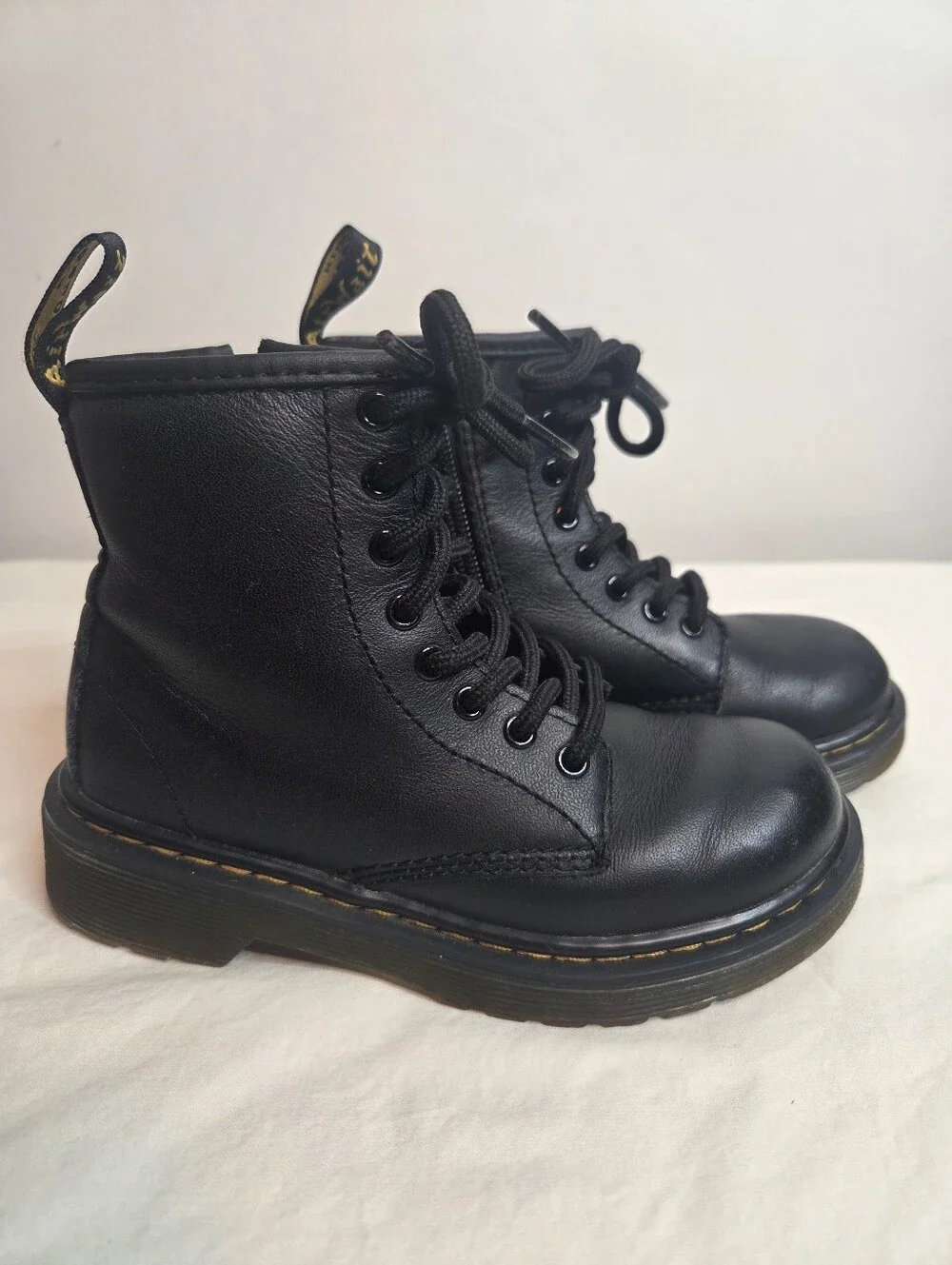 Dr. Martens Kids Black Leather Lace Up Zip Combat Boots Size 12